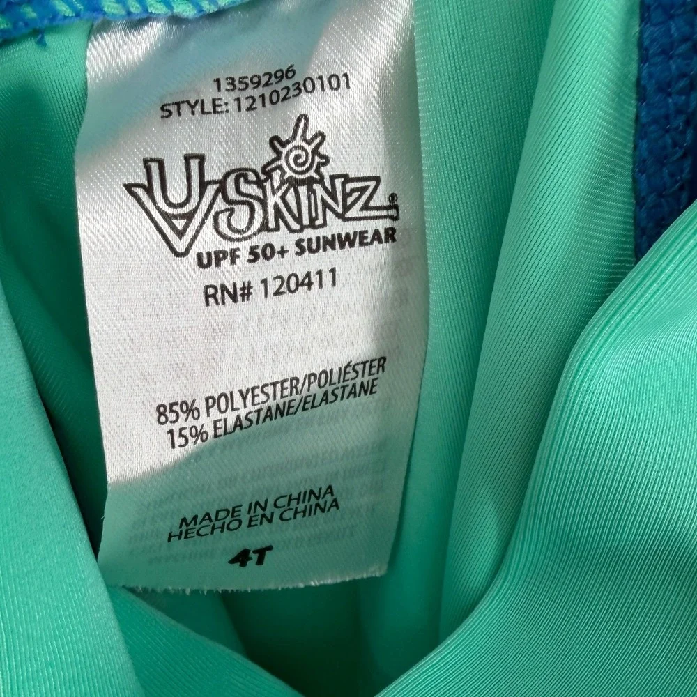 UV Skinz Boys 2 Piece Swim Set Rash Guard Trunks Blue Teal Floral Van 4T UPF 50+